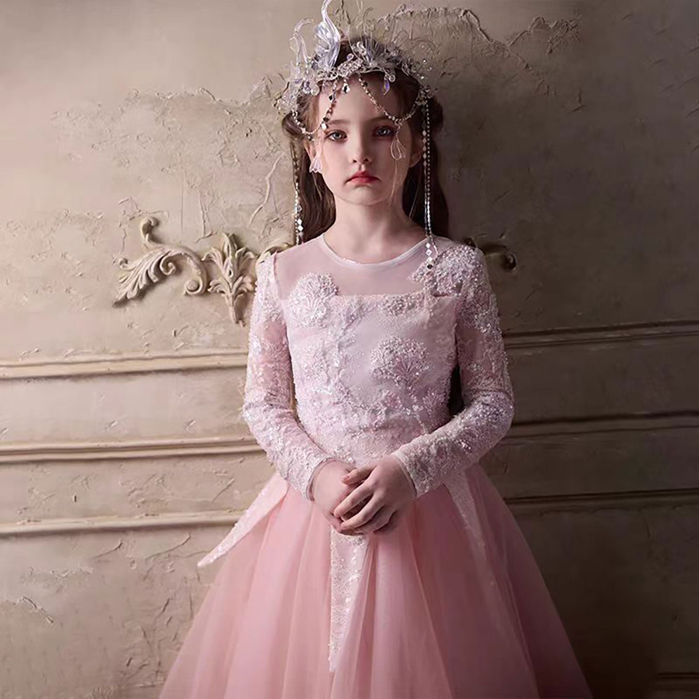 Blush Pink Flower Girl Dress with White Lace Embroidery J263