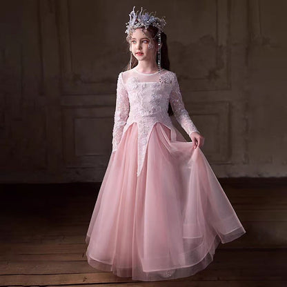 Blush Pink Flower Girl Dress with White Lace Embroidery J263