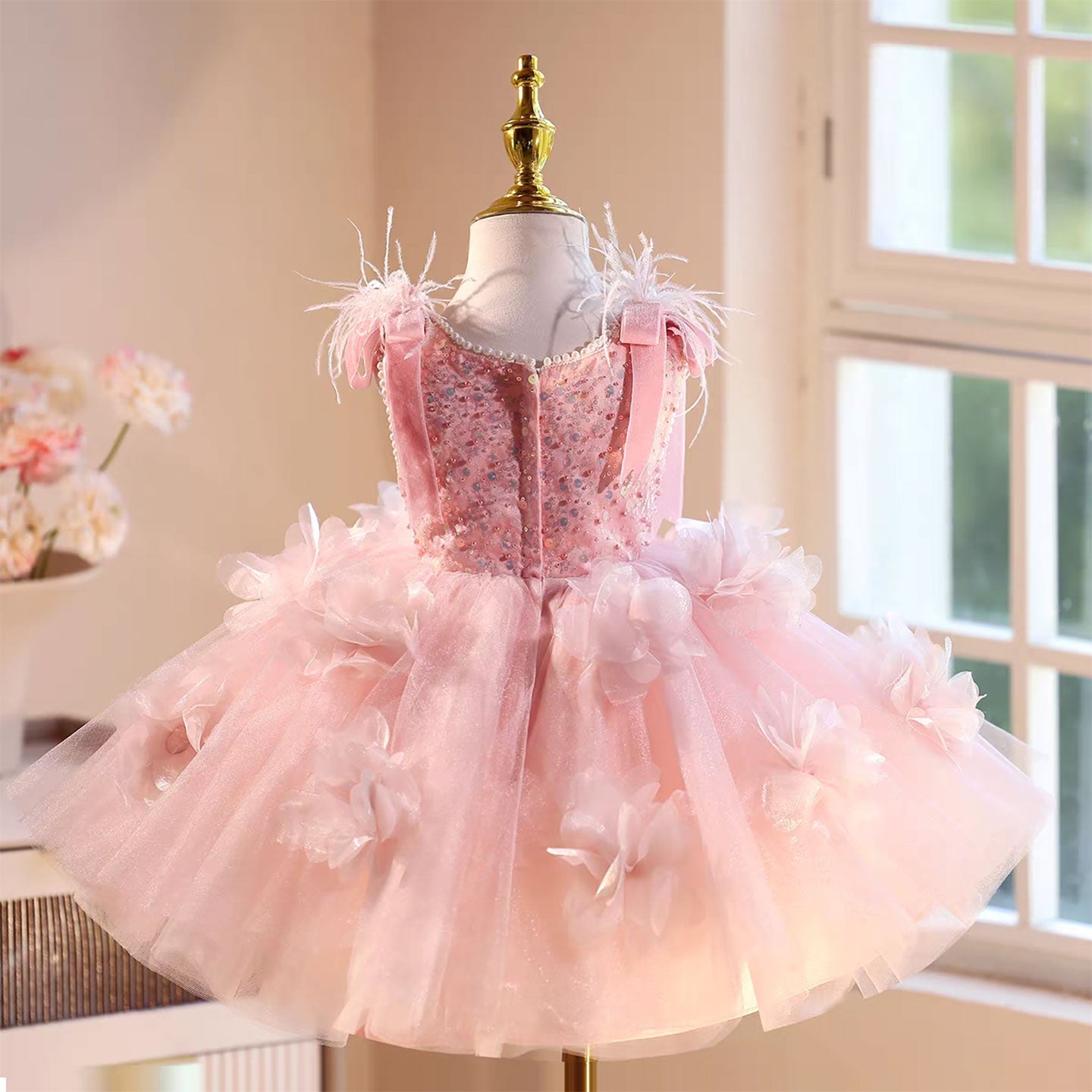 Feather Knee Length Birthday Party Flower Girl Dress Pink D093