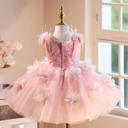 Feather Knee Length Birthday Party Flower Girl Dress Pink D093