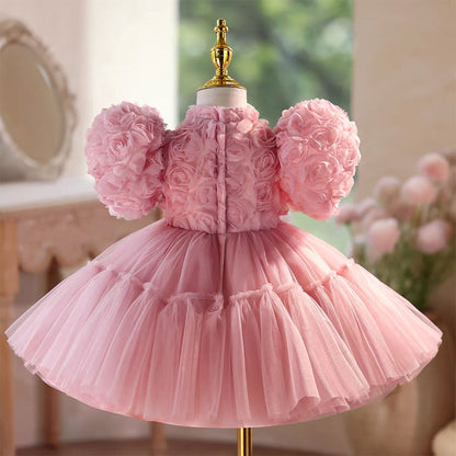 Lace Knee Length Birthday Party Princess Girl Dress Pink D092