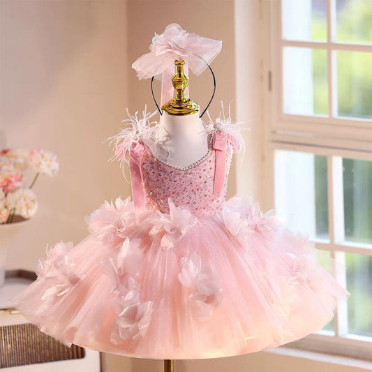 Feather Knee Length Birthday Party Flower Girl Dress Pink D093