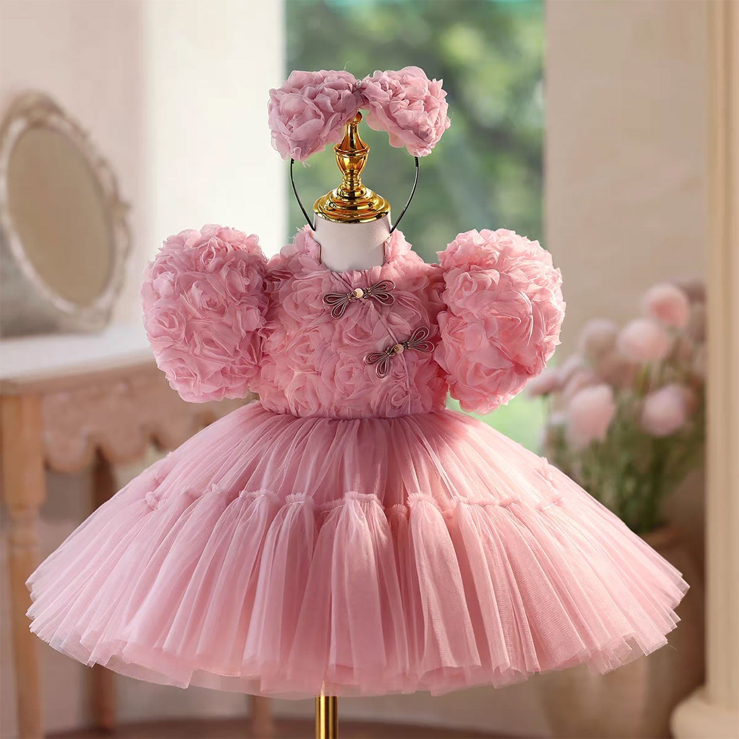 Lace Knee Length Birthday Party Princess Girl Dress Pink D092