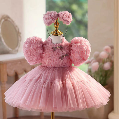 Lace Knee Length Birthday Party Princess Girl Dress Pink D092