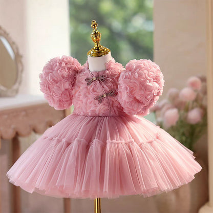 Lace Knee Length Birthday Party Princess Girl Dress Pink D092
