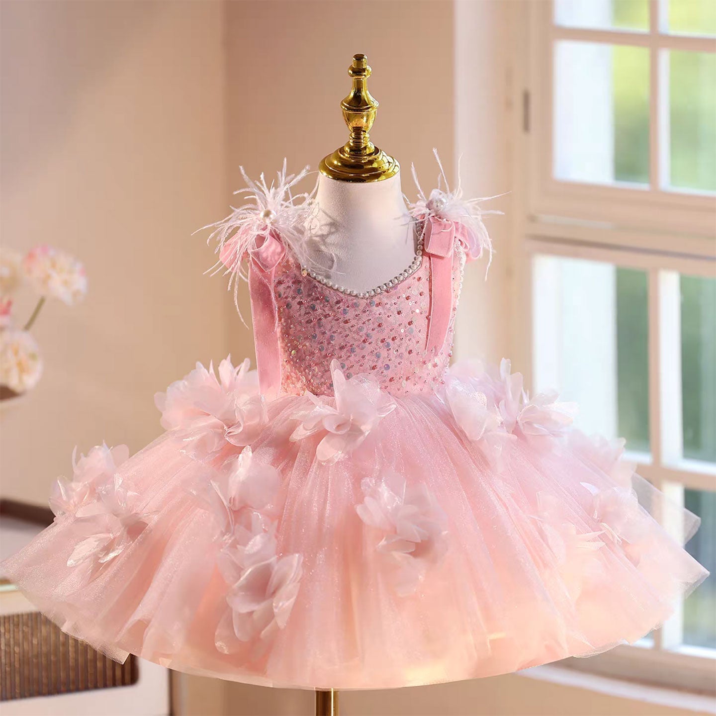 Feather Knee Length Birthday Party Flower Girl Dress Pink D093