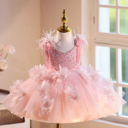 Feather Knee Length Birthday Party Flower Girl Dress Pink D093