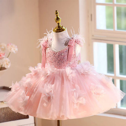 Feather Knee Length Birthday Party Flower Girl Dress Pink D093
