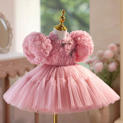 Lace Knee Length Birthday Party Princess Girl Dress Pink D092