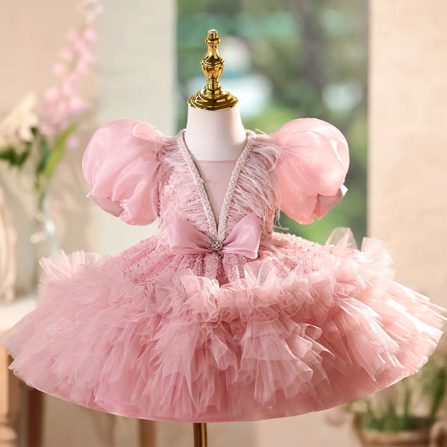 Elegant Pink Wedding Flower Girl Dress Glitter Top Ruffled Sleeves J576