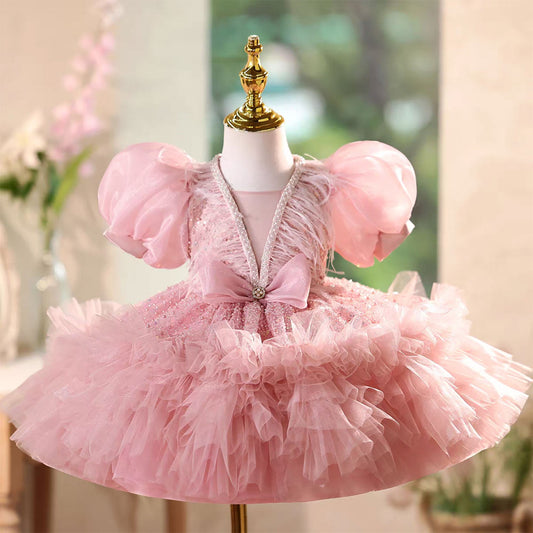 Elegant Pink Wedding Flower Girl Dress Glitter Top Ruffled Sleeves J576