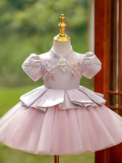 Elegant Pink Chinese Style Flower Girl Dress with Pearl Embroidery D177