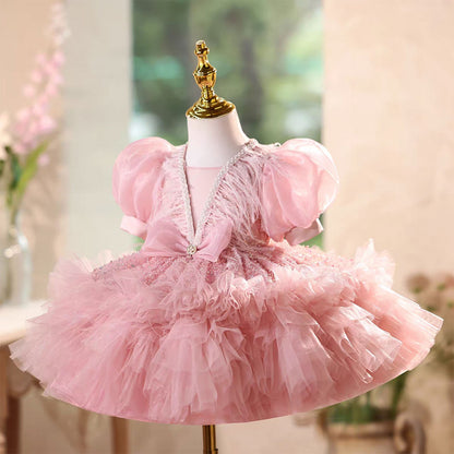 Elegant Pink Wedding Flower Girl Dress Glitter Top Ruffled Sleeves J576