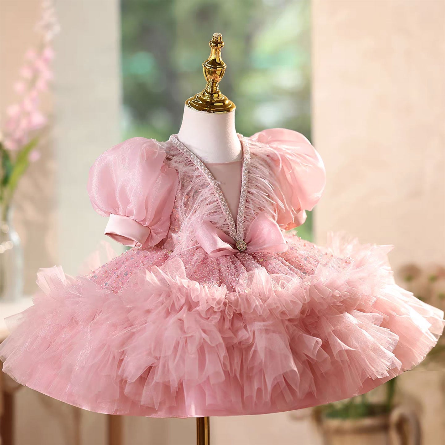Elegant Pink Wedding Flower Girl Dress Glitter Top Ruffled Sleeves J576