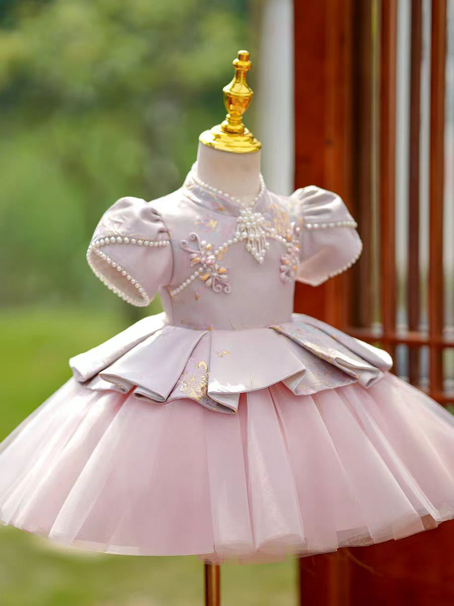 Elegant Pink Chinese Style Flower Girl Dress with Pearl Embroidery D177