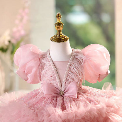 Elegant Pink Wedding Flower Girl Dress Glitter Top Ruffled Sleeves J576