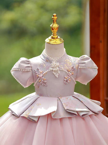 Elegant Pink Chinese Style Flower Girl Dress with Pearl Embroidery D177
