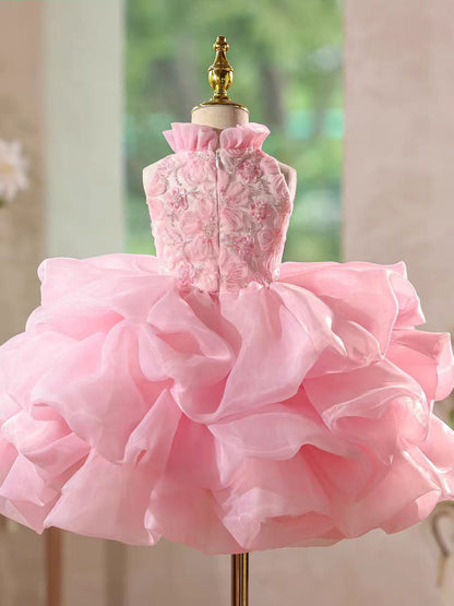 Elegant Pink Floral Princess Girl Dress for Birthday and Pageant J595