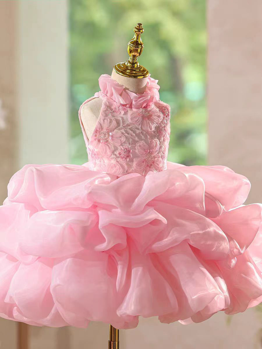 Elegant Pink Floral Princess Girl Dress for Birthday and Pageant J595