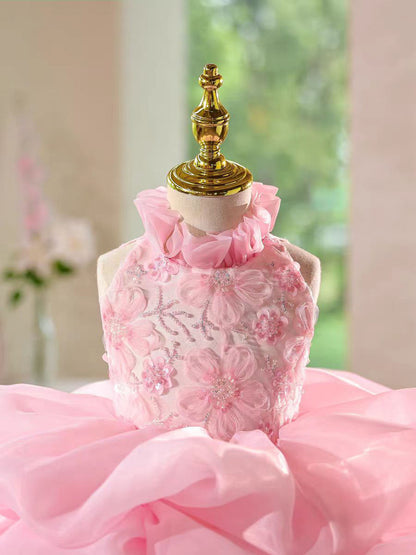 Elegant Pink Floral Princess Girl Dress for Birthday and Pageant J595