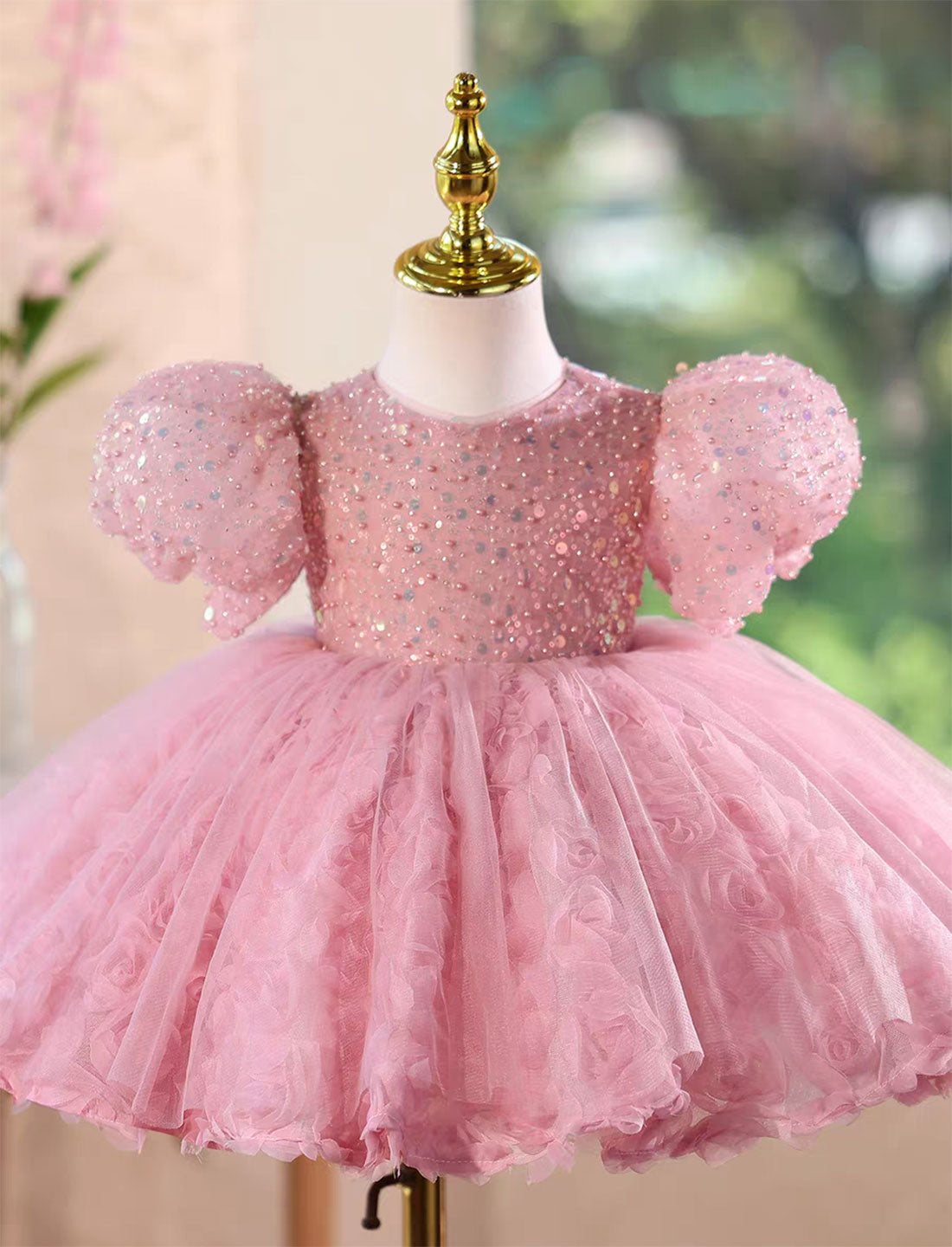 Princess Style Pink Flower Girl Gown for Birthday and Wedding D160