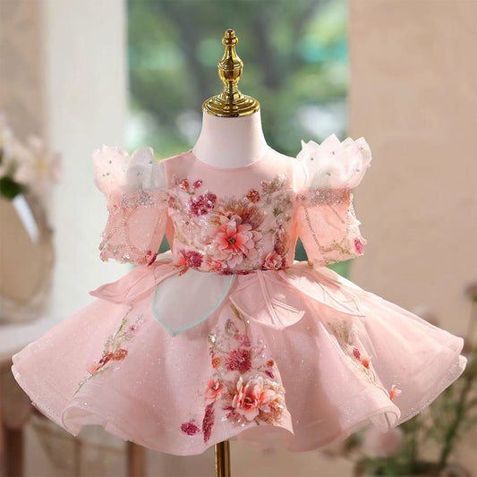 Flower Girl Dress Pink Beaded Sequin Applique Tulle Keen Length J566
