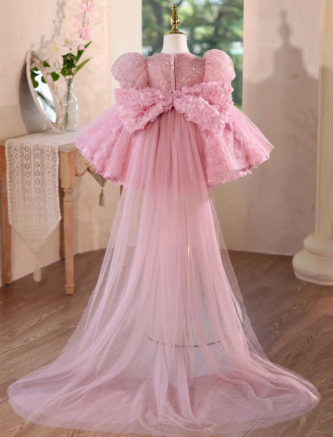Princess Style Pink Flower Girl Gown for Birthday and Wedding D160