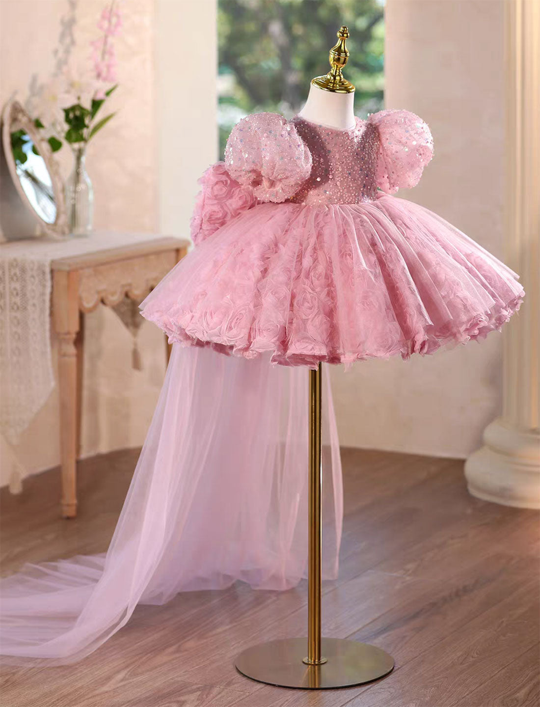 Princess Style Pink Flower Girl Gown for Birthday and Wedding D160