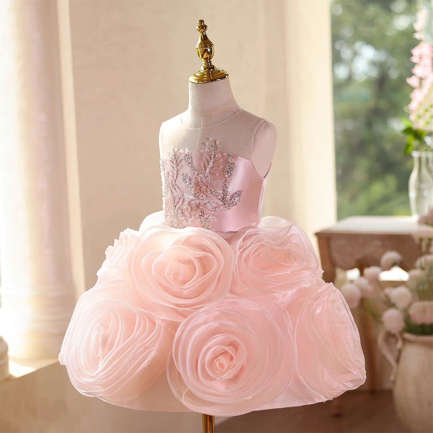 Pink 3D Rose Flower Girl Dress for Toddler Birthday Wedding Party D109