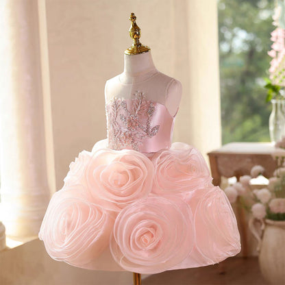 Pink 3D Rose Flower Girl Dress for Toddler Birthday Wedding Party D109