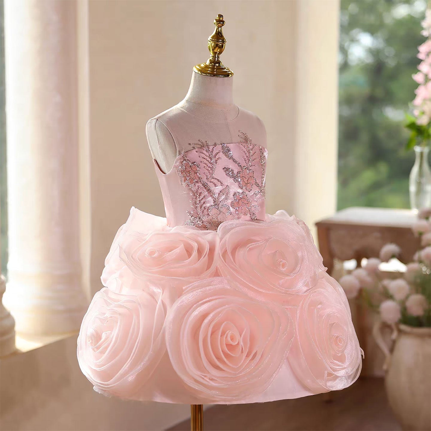 Pink 3D Rose Flower Girl Dress for Toddler Birthday Wedding Party D109