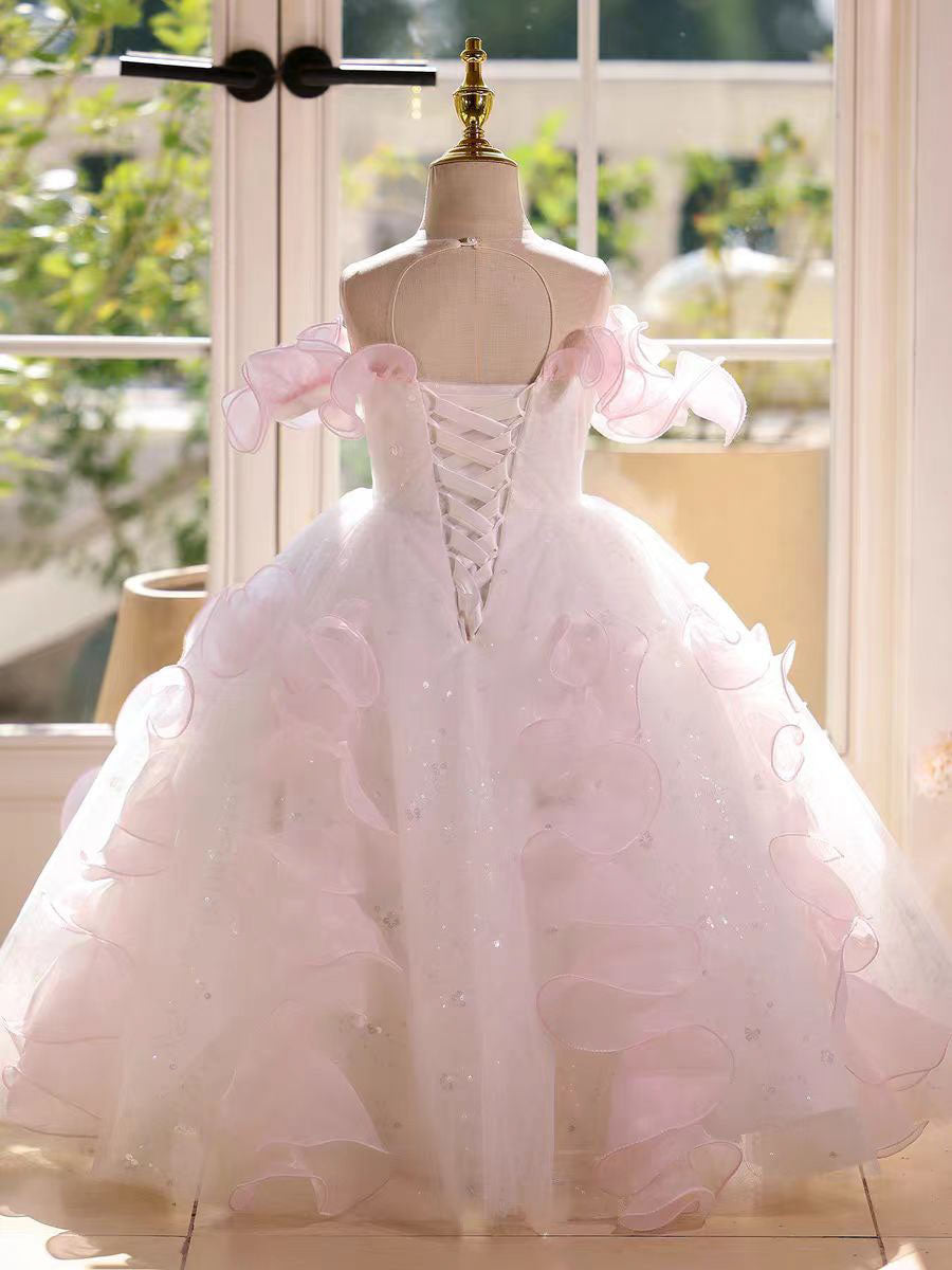 Dreamy Pink Ruffled Flower Girl Dress Birthday Wedding Party Gown D181