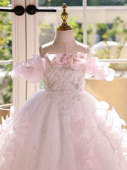 Dreamy Pink Ruffled Flower Girl Dress Birthday Wedding Party Gown D181