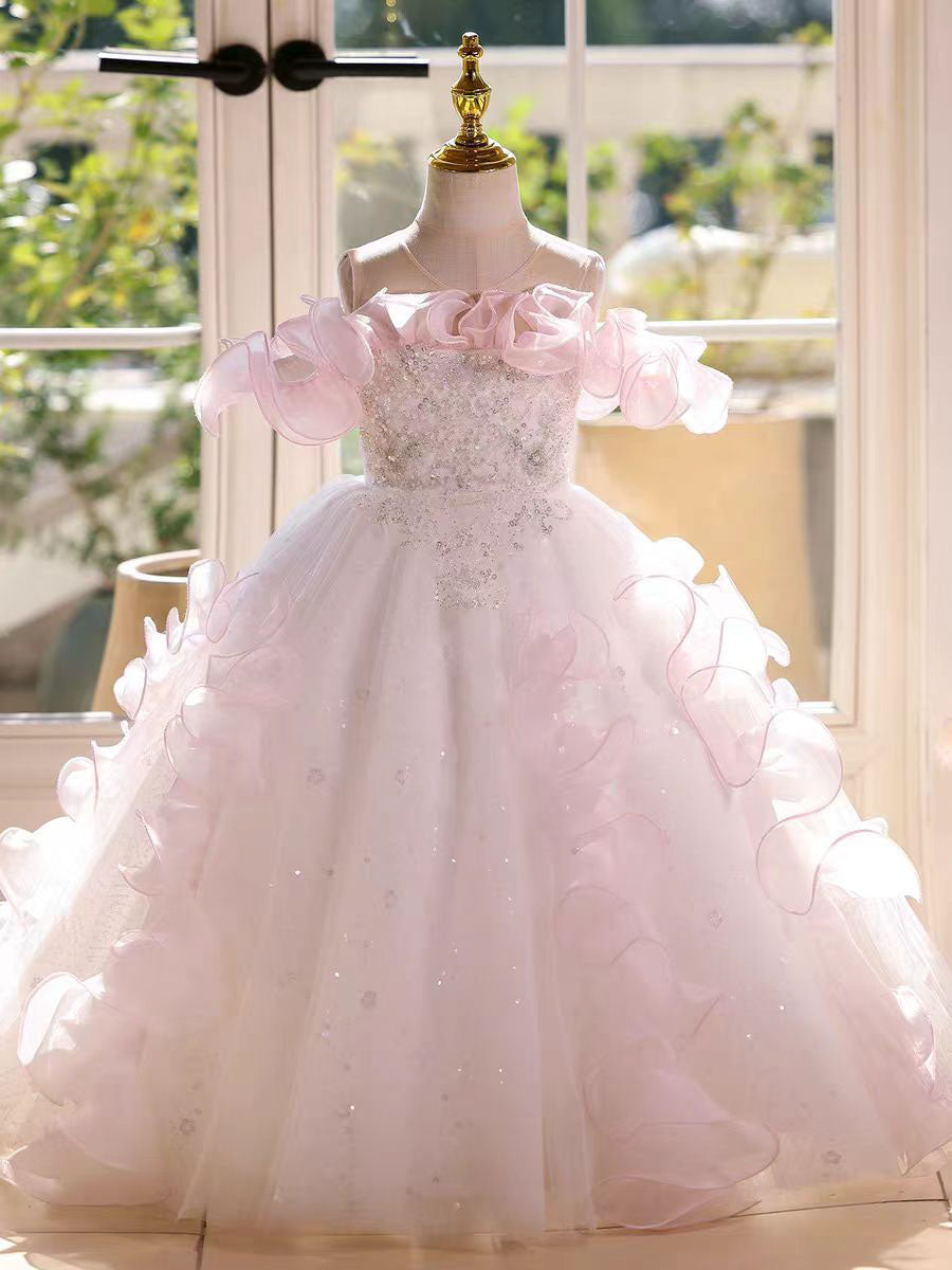 Dreamy Pink Ruffled Flower Girl Dress Birthday Wedding Party Gown D181