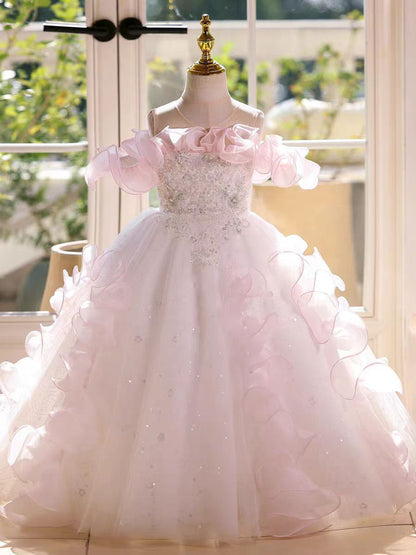 Dreamy Pink Ruffled Flower Girl Dress Birthday Wedding Party Gown D181