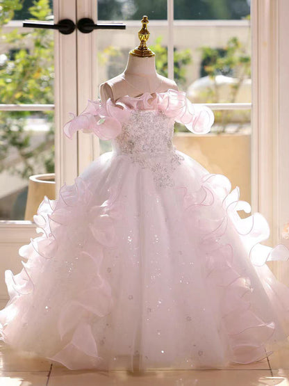 Dreamy Pink Ruffled Flower Girl Dress Birthday Wedding Party Gown D181