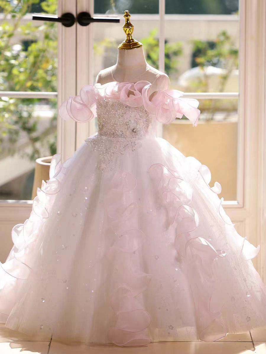 Dreamy Pink Ruffled Flower Girl Dress Birthday Wedding Party Gown D181