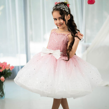 Twinkle Pink Flower Girl Dress with White Bow for Toddler Party D133