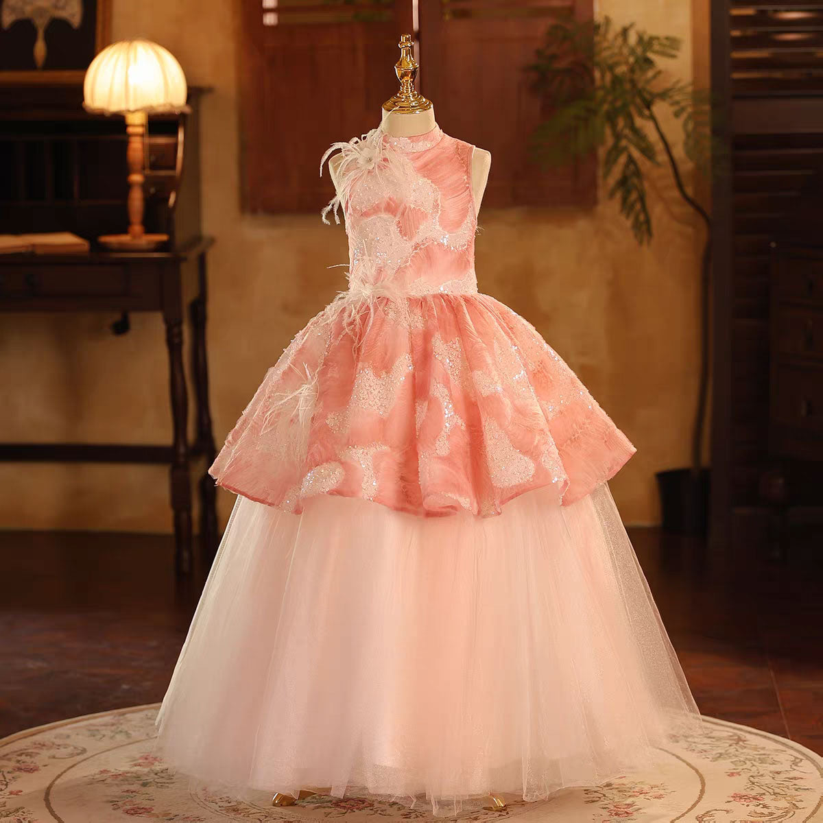 Feathered Princess Girl Gown for Kids Birthday Party D191