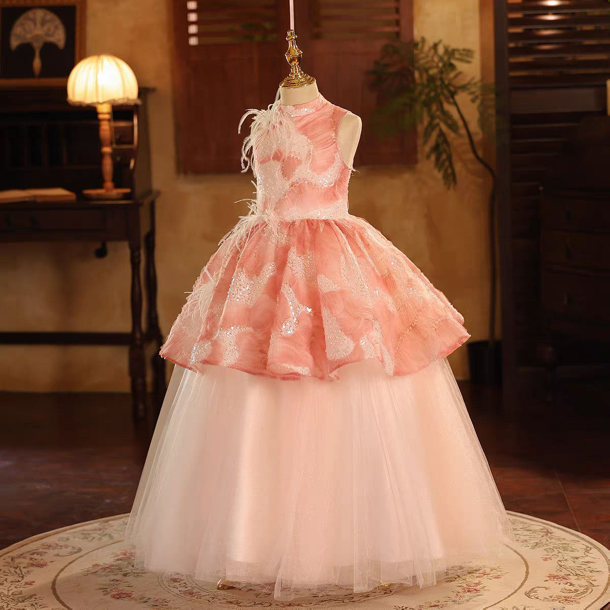 Feathered Princess Girl Gown for Kids Birthday Party D191