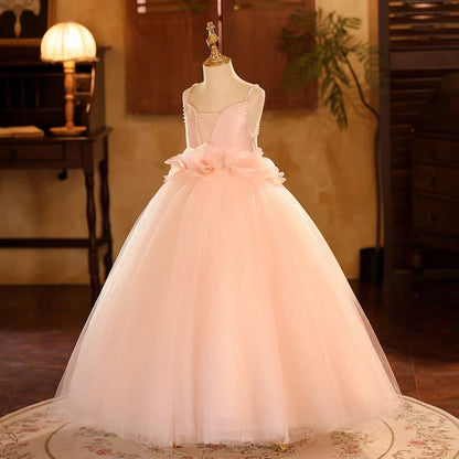 Pink Square Neck Flower Girl Gown for Birthday and Pageant D190