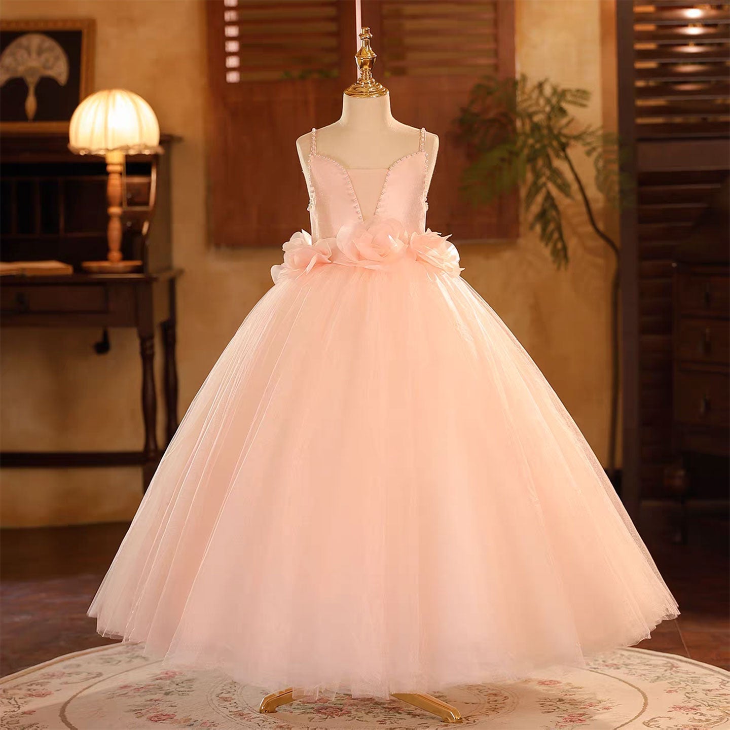 Pink Square Neck Flower Girl Gown for Birthday and Pageant D190