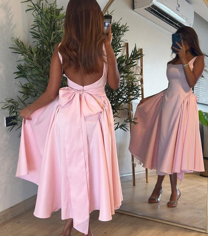 Unique Pink Prom Dress, Midi Formal Dresses Open Back