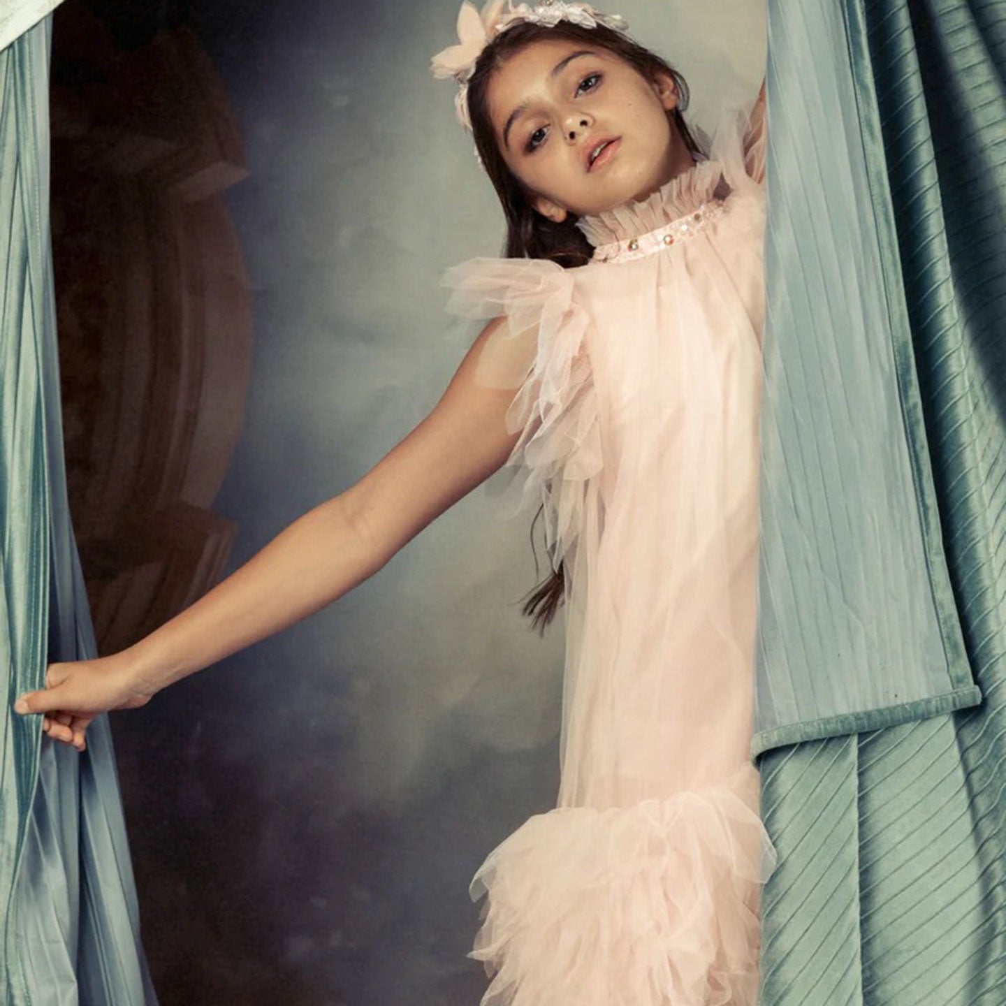 Elegant Pink Rhinestone Collar Flower Girl Dress D091