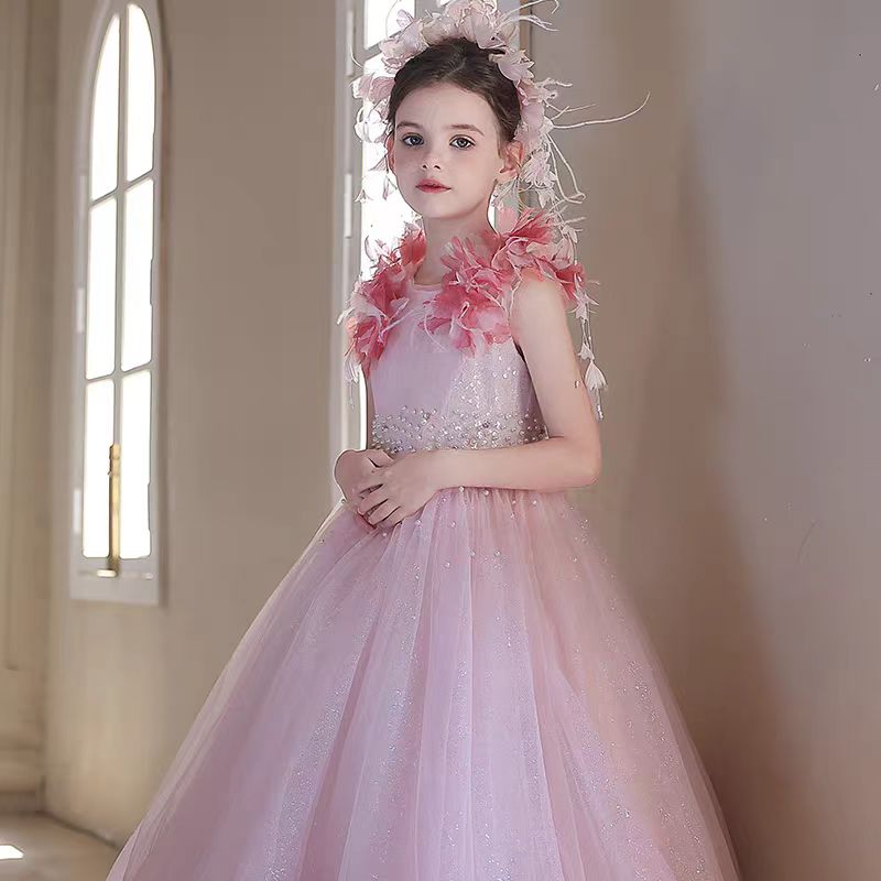 Elegant Pink Flower Girl Dress with 3D Floral Details J096