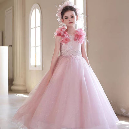 Elegant Pink Flower Girl Dress with 3D Floral Details J096