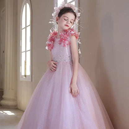 Elegant Pink Flower Girl Dress with 3D Floral Details J096