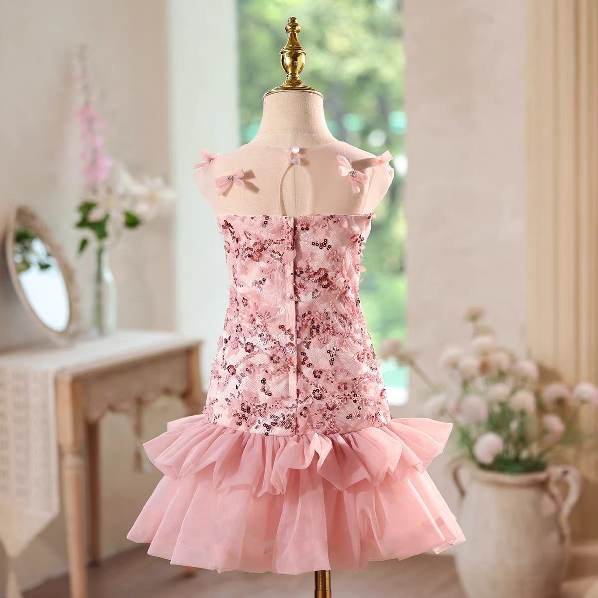 Luxury Pink Flower Girl Dress with Ruffles Birthday Wedding D143