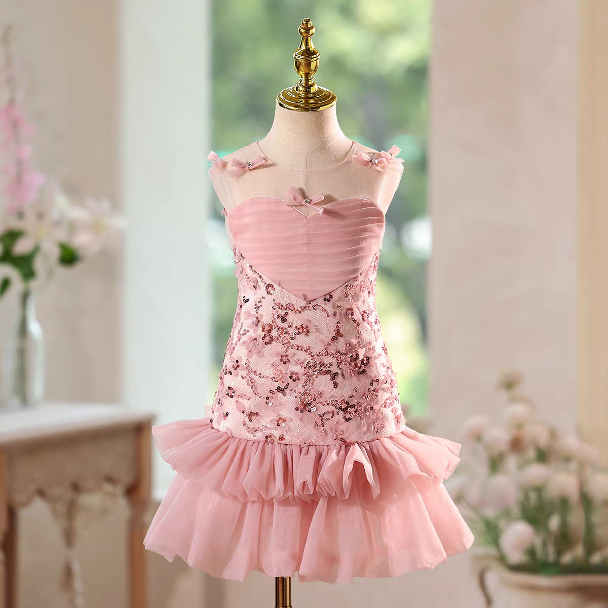 Luxury Pink Flower Girl Dress with Ruffles Birthday Wedding D143