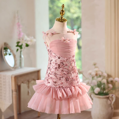Luxury Pink Flower Girl Dress with Ruffles Birthday Wedding D143